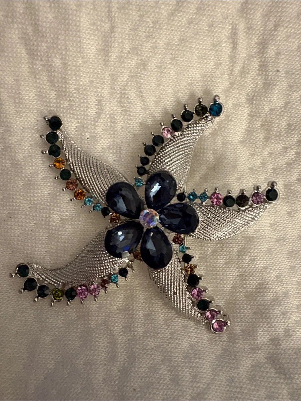 Multicolor Crystal Starfish Brooch with Navy Centerstones
